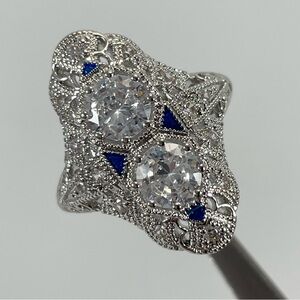 Ring Art Deco Statement White Diamond CZ Silver Plated Vintage Look Stunning